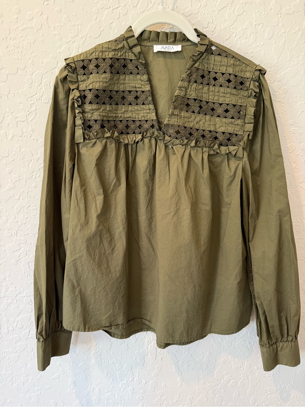 AVARA Olive Green Embroidered Yoke Women's Blouse - Size Medium